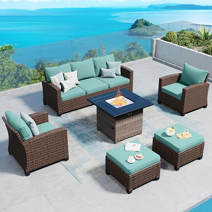 SUNSHINE VALLEY Patio Furniture Set Outdoor Furniture Brown Wicker Rattan Patio Conversation Sets with Cushion Outside Sofa Set,5 Pieces with Firepit Table,7 Seats,Blue