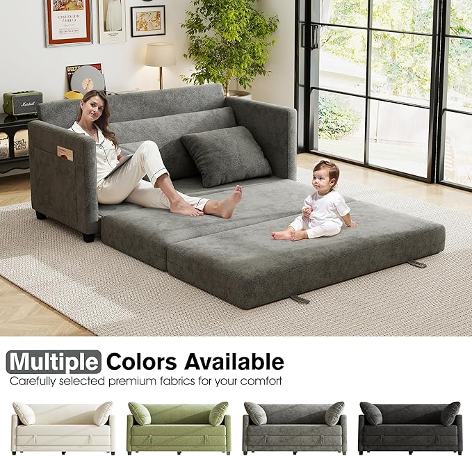 kakuboohi 65" Loveseat Sleeper Sofa Bed, Chenille Convertible Floor Sofa Bed for Small Spaces, Folding Couch Bed with Deep Seat, 2 Pillows & Solid Frame, Pull Out Floor Couch for Living Room, Grey