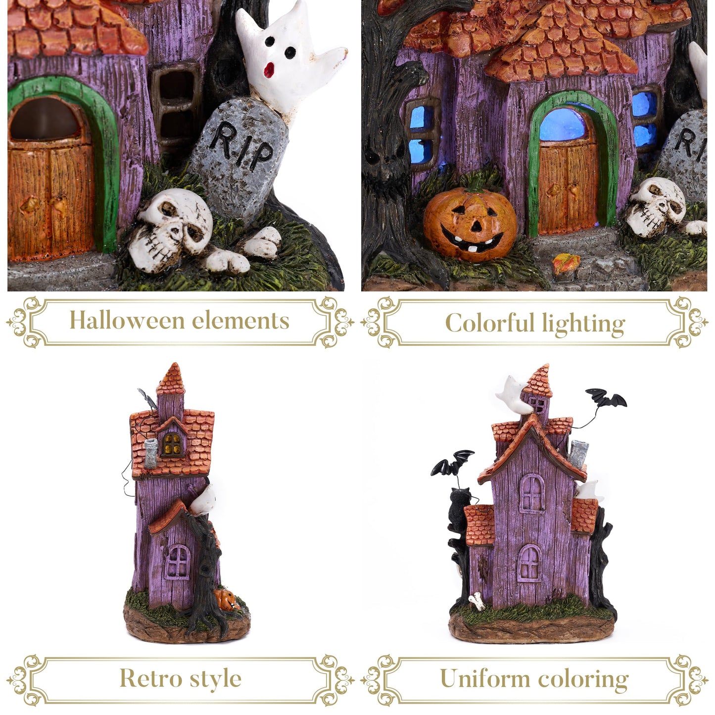 Valery Madelyn Halloween Decorations, Lighted Halloween Village Houses with LED Lights, Resin Spooky Town Happy Haunted House for Home and Party Table Desk Mantel, 9 Inch