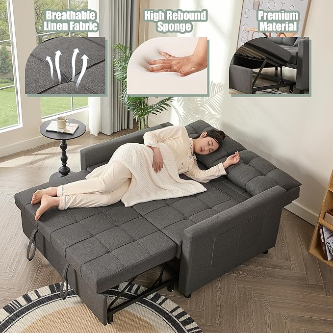 GOSUHI 52" Sleeper Sofa with Pull-Out Bed, 3-in-1 Convertible Sofa Bed, Loveseat with Stepless Adjustable Backrest and Side Pocket, for Living Room Dorm Apartment, Linen, Dark Gray