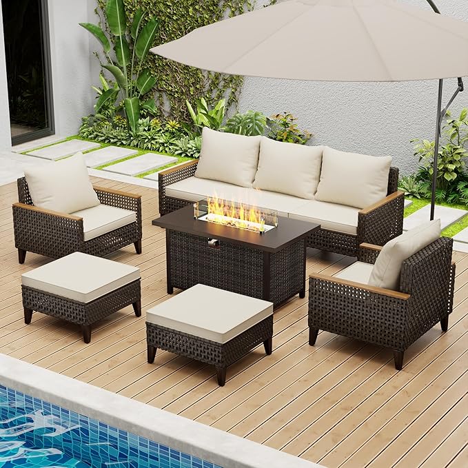Xmkmvk 8 Piece Patio Sectional Sofa Set with 50000 BTU Fire Pit Table, All-Weather Wicker Rattan Outdoor Conversation Set, High Back, for Garden, Porch, Poolside, Beige