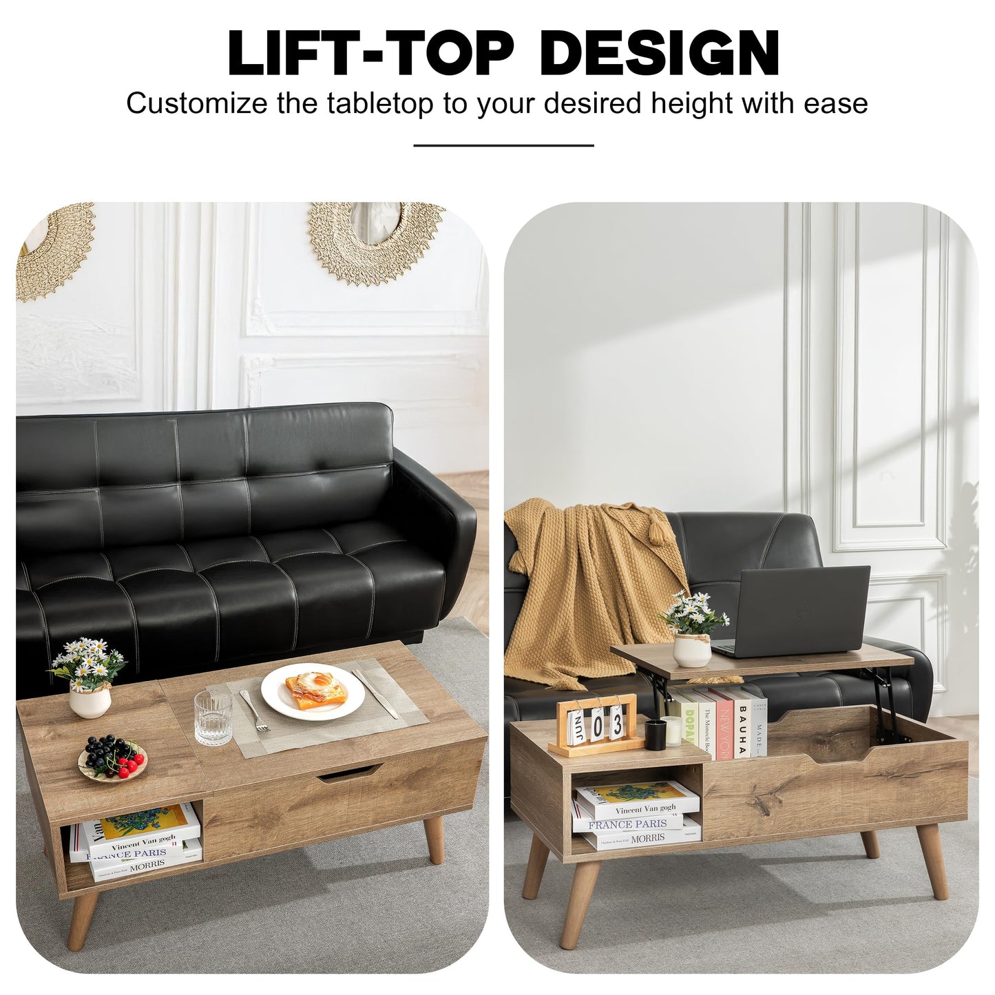 VICTORY RELAX Lift-Top Coffee Table with Hidden Storage and 2 Open Cubbies, Coffee Table with Storage for Living Room, Center Table for Living Room, Designed for Workspace and Relaxation (Grey)