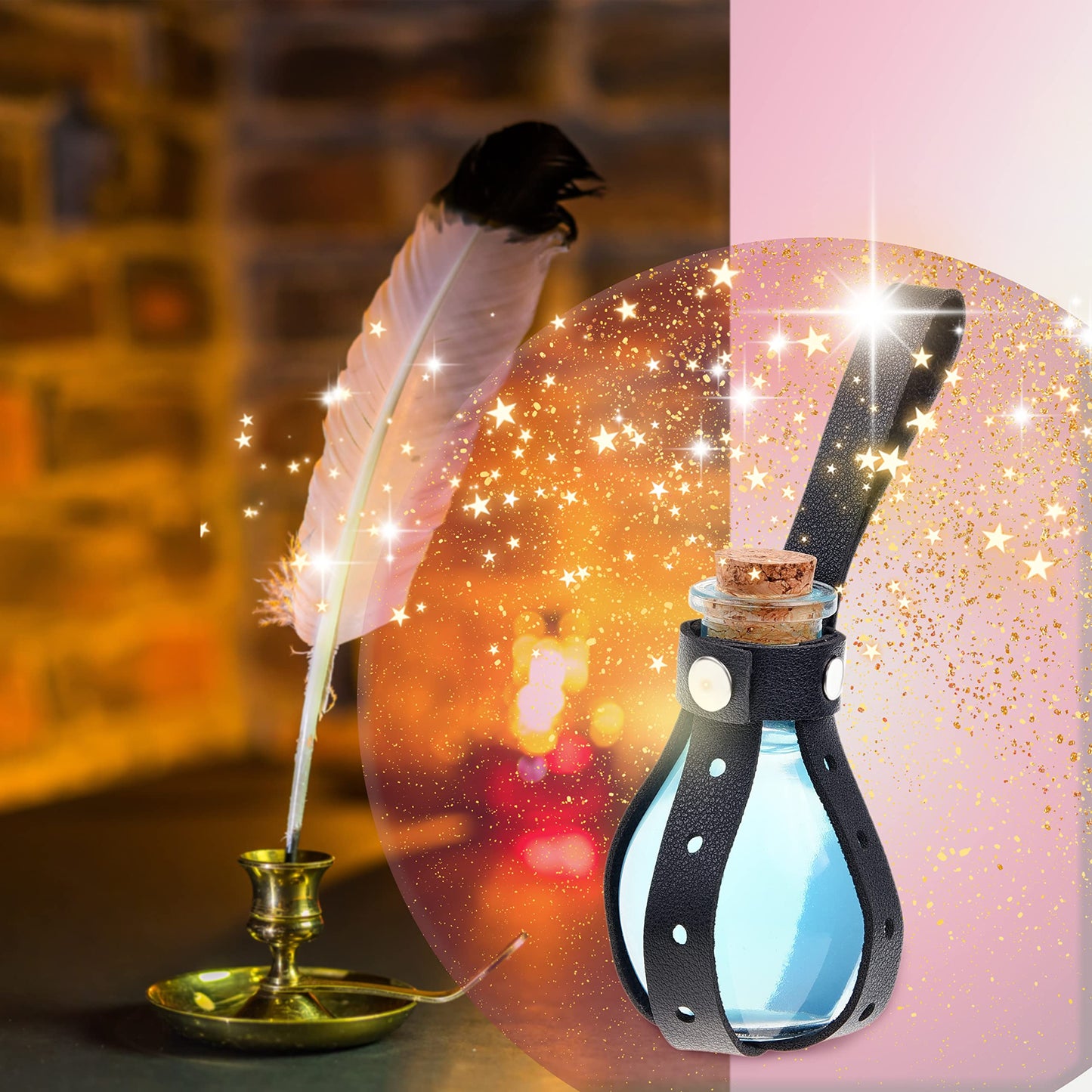 Eco-Fused Cosplay Potion Bottle 2x Small - Clear Spherical Cosplay, Wizard, Witch Costume Accessory - Incl. Cork Stopper, Black Faux Leather Sleeve Holder, Belt Loop