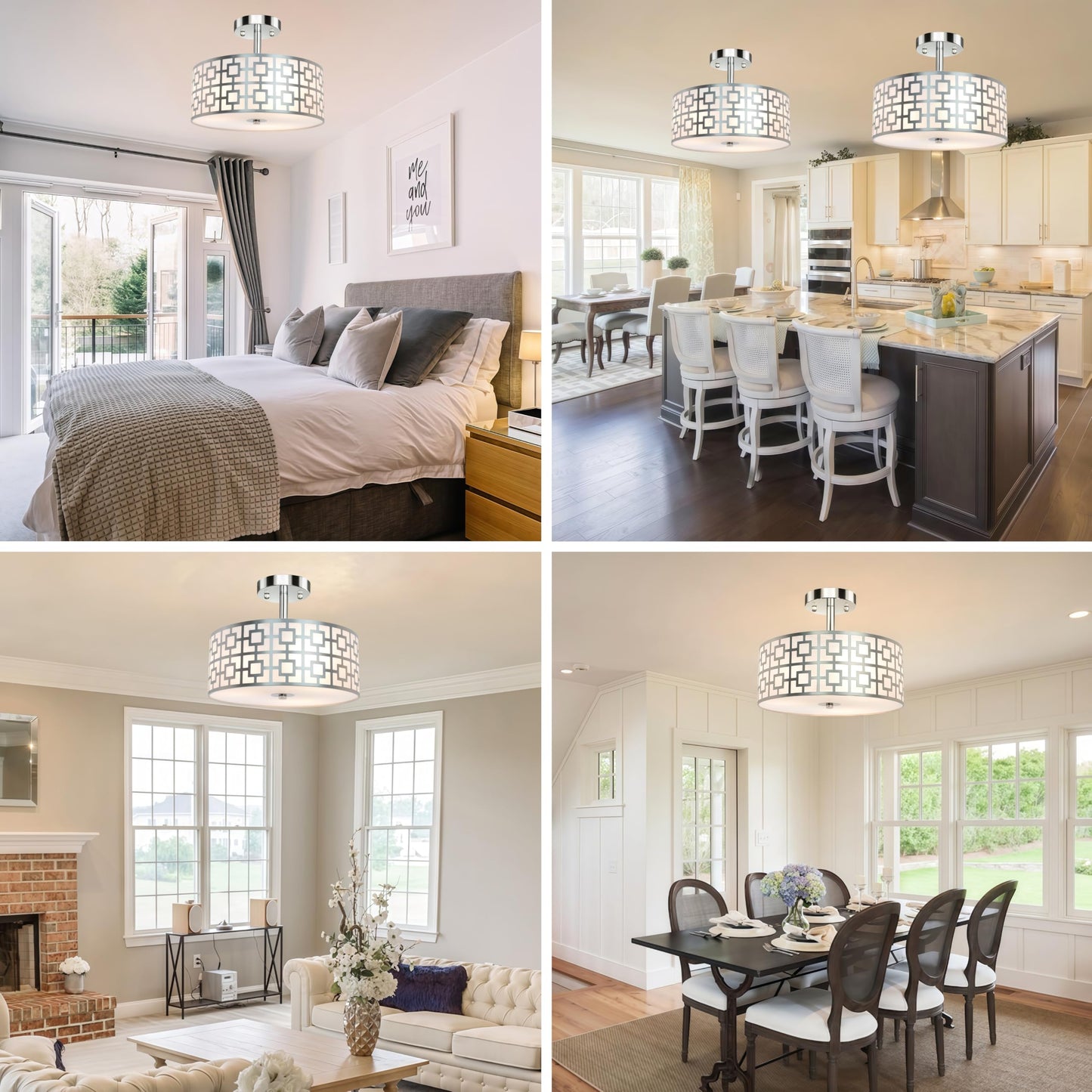 DLLT Flush Mount Ceiling Light: Modern 3-Light Brushed Nickel Kitchen Light Fixture - Drum Lighting Fixture for Dining Room - Silver Bedroom Ceiling Lamp with Double Shade