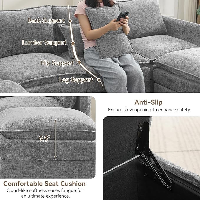 80" Cloud 3 Seater Sectional Modular Couch with Storage Ottoman, Upholstered Storage Sofa Deep Seat, Chenille L Shape Sofa Comfy Couches with Armrests for Living Room, Small Space, Light Grey