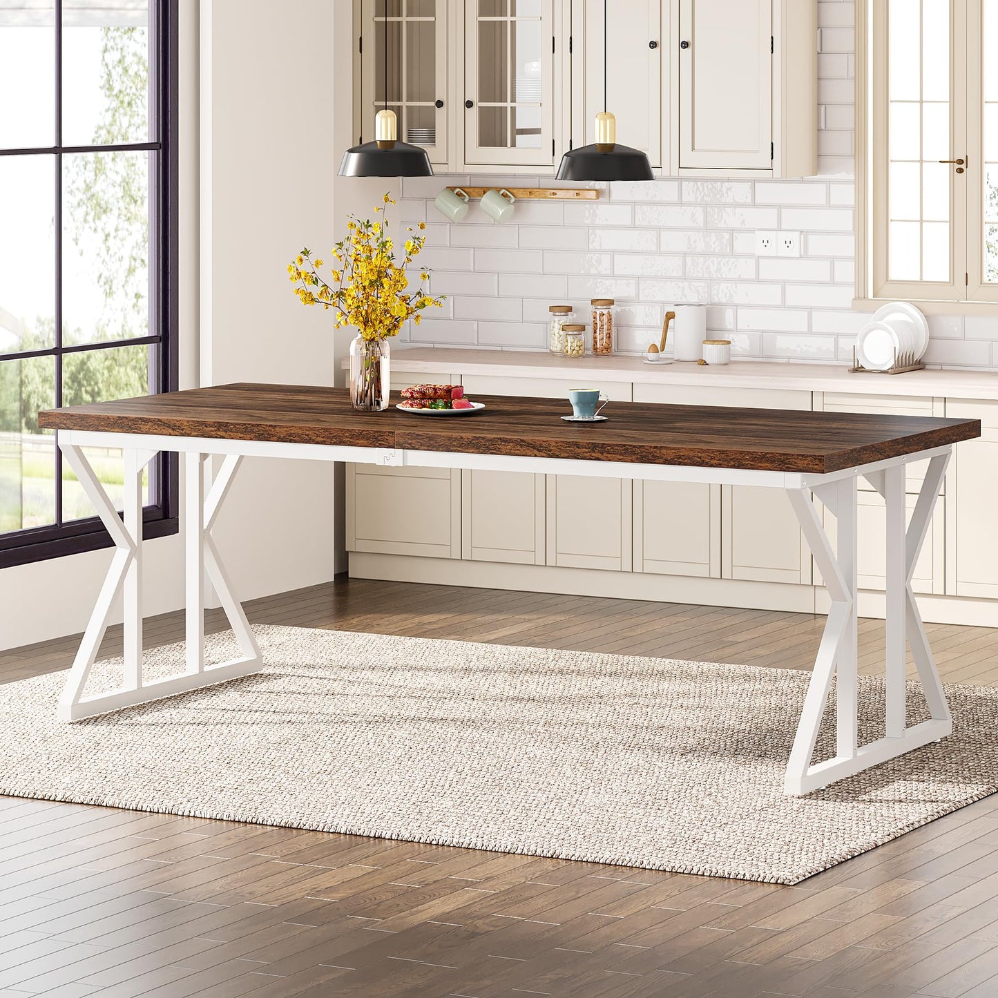 Tribesigns Farmhouse Dining Table for 6-8 People, 78.7-Inch Rectangular Wood Dining Table, Rustic Kitchen Table with Heavy Duty Metal Legs for Dining Room