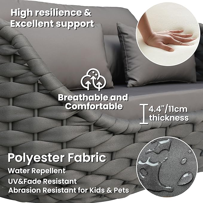 Erotr Patio Loveseat with Table: Aluminum Hand Woven Rope 2 Piece Patio Furniture Set - Cushioned Outdoor Seating Set - Modern Metal Lounge Set Assembled for Porch Balcony Deck Garden Hotel, Dark Grey