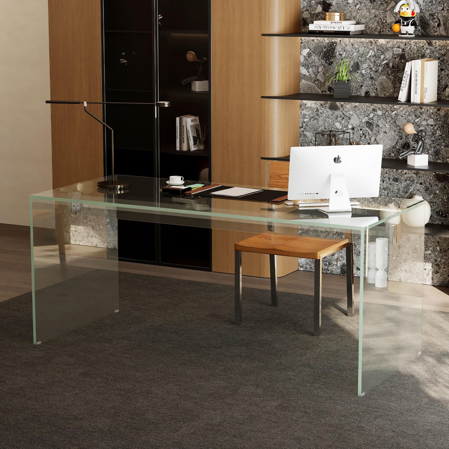 NessCarsti 53.14" Modern Tempered Glass Office Desk, Minimalist Style Rectangular Workstation Table, Sturdy & Sleek Design for Home Office & Living Room, Clear