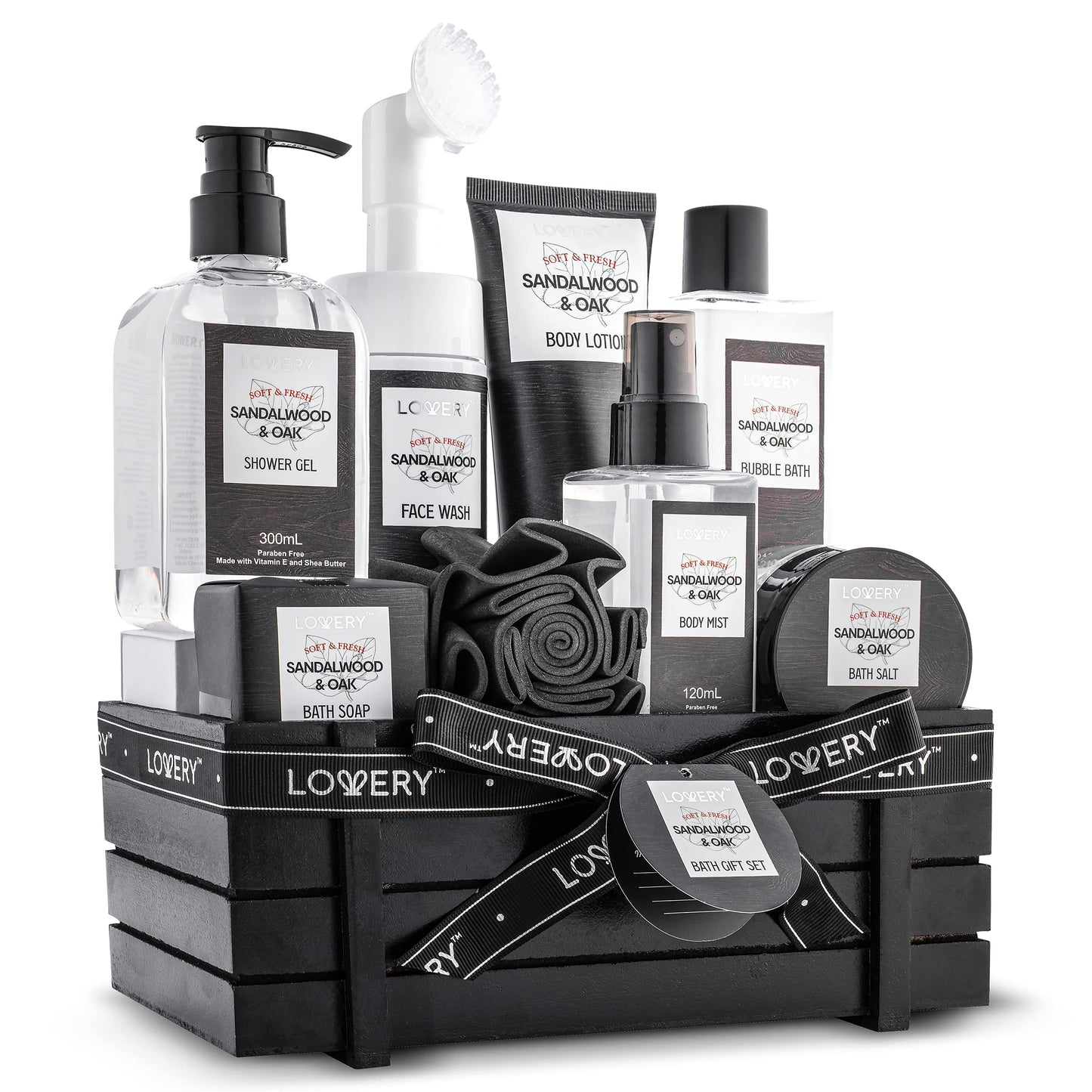 Birthday Gifts Spa Kit for Men - Sandalwood and Oak Scented Bath Gift Set and Shower Gift Basket With Face Wash & Brush, Shower Gel, Bubble Bath, Body Lotion, Body Mist, Handmade Soap, Salts & Puff