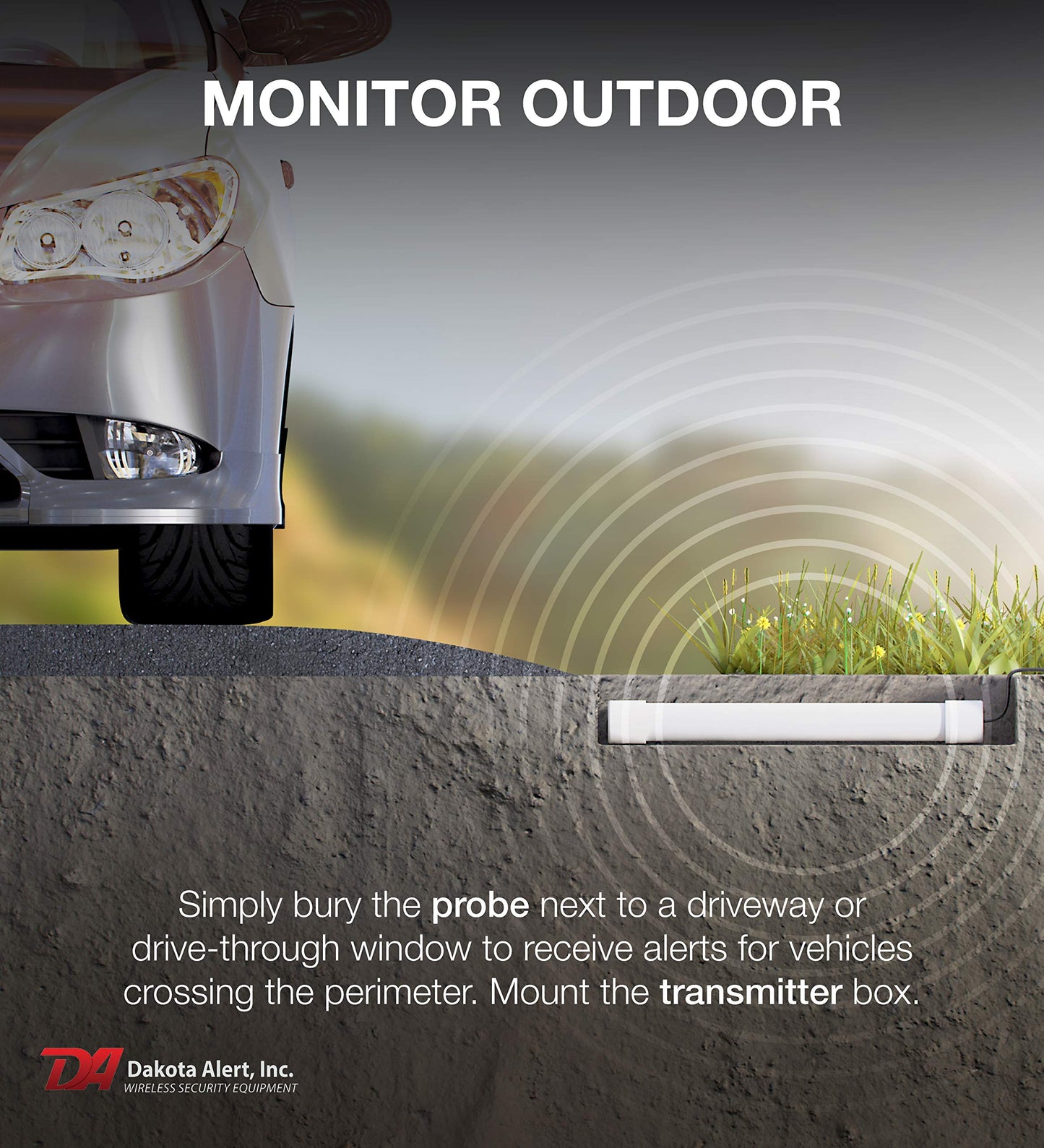 Dakota Alert Driveway Alarm Sensor - DCPT-4000 Driveway Alarms Wireless Outside Weatherproof Vehicle Sensor, 1 Mile Long Range Sensors, Vehicle Detecting Probe Transmitter & 50' Direct Burial Cable