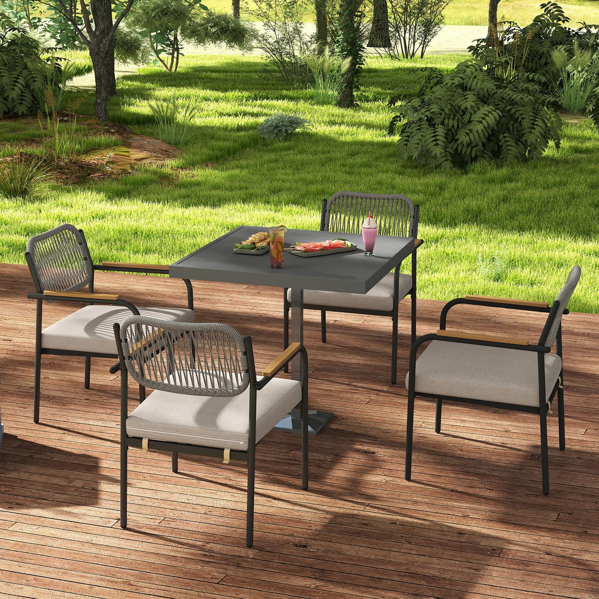 DAYAOUTDOOR Patio Dining Chairs Set of 4, Modern Outdoor Dining Set with Contrasting Design, Rope Dining Chair with Armrest, Patio Kitchen Chairs Set, Patio Furniture for Porch, Deck, Poolside, Beige