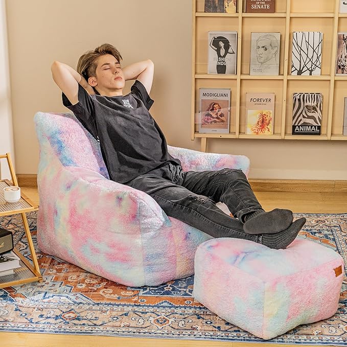 Cvortll Bean Bag Chair, Sherpa Accent Beanbag Chair and Ottoman Set, Fur Faux BeanBag Chair with Memory Foam Filled, Lazy Sofa Comfy Cozy BeanBag Chair for Dorm, Apartment, Living Room (Colorful)
