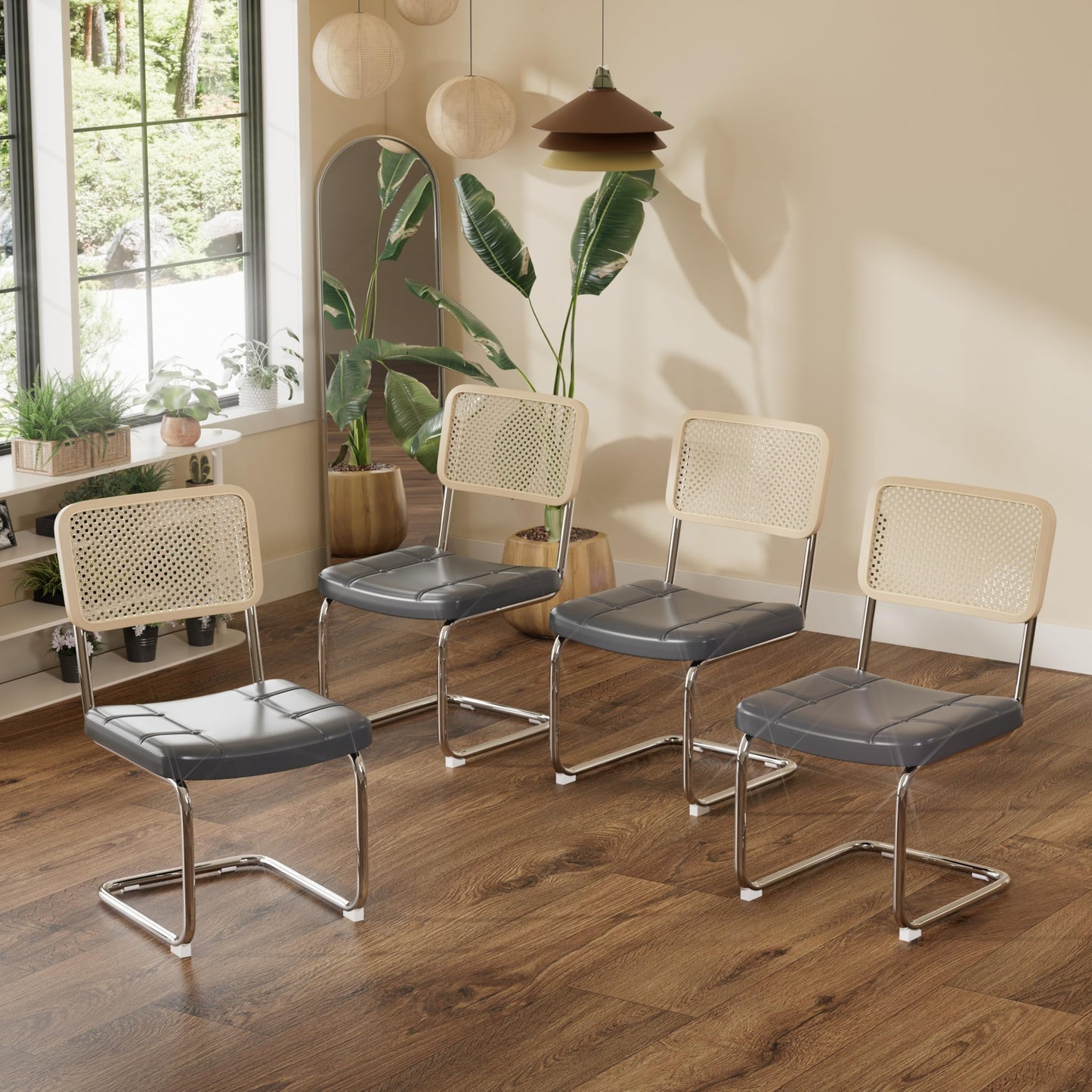 SIZOTA Modern Dining Chairs Set of 4, Upholstered Faux Leather Kitchen Chairs with Rattan Back for Dining Room, Restaurant, Kitchen, Living Room, Cafe, Gray