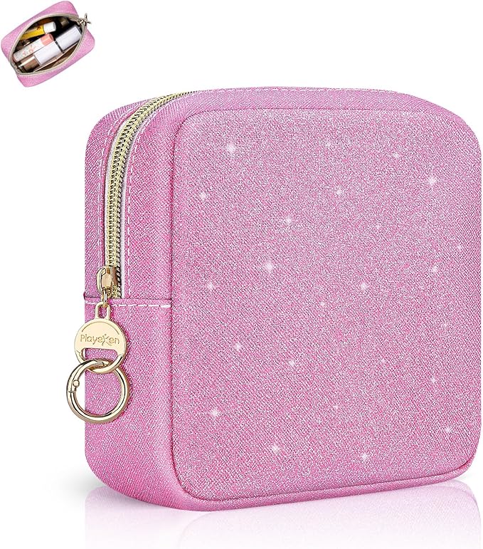 Playexen 5.7" Small Makeup Bag, Glitter Cosmetics Bag for Purse, Portable Small Travel Makeup Pouch with Ring Buckle (Pink)