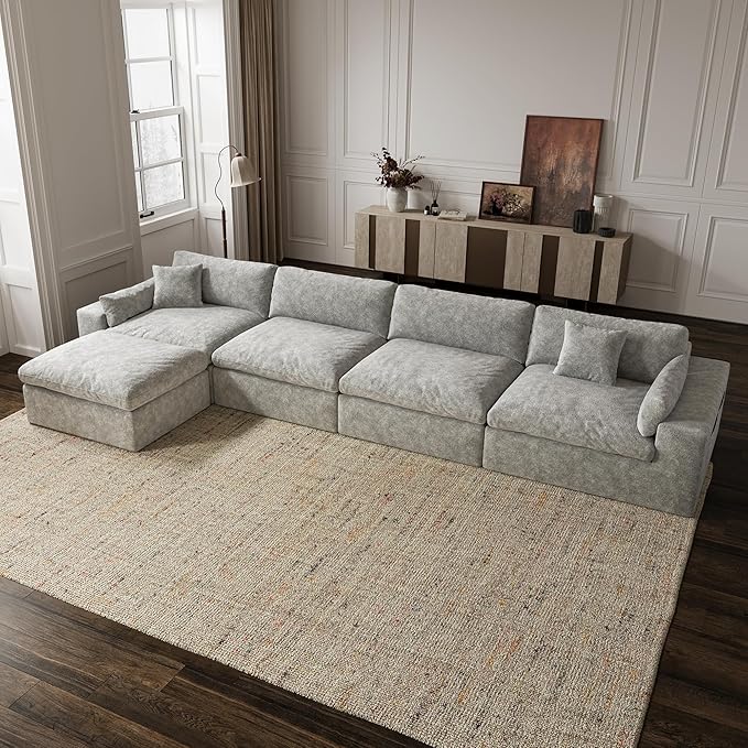 160'' Oversized Boneless Sectional Couches for Living Room, Deepseat Boneless Cloud Modular Sectional Sofa with Ottoman, No Assembly Required L-Shape Cloud Sofa, Plush Fabric, Light Gray