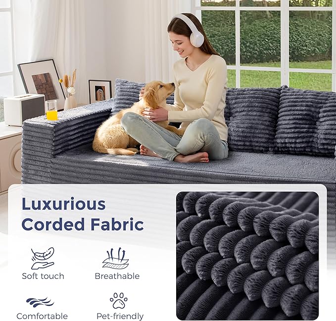 MAXYOYO 79" Oversized Boneless Loveseat Sofa Couch for Small Spaces, Mini Love Seat Floor Couch with Cup Holders and Pillows, 3-Seater Upholstered Cloud Couch for Bedroom, No Assembly Required