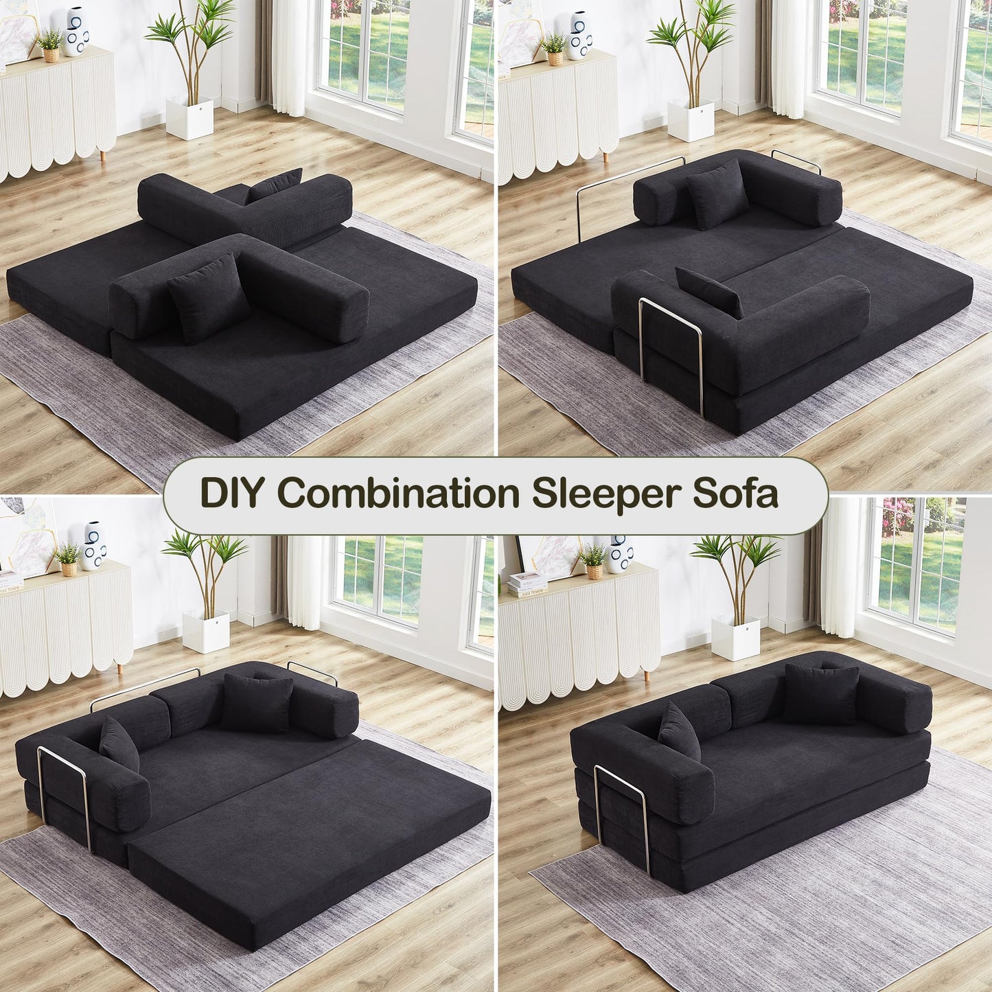 ZEIINPA Comfy Convertible Folding Mattress Couch, Floor Sofa Bed with Fixed-Shape Frame, Corduroy Floor Sofa with Armrest, Floor Sofa Lounge Couch for Living Room Bedroom Lounge Studio,Dark Black