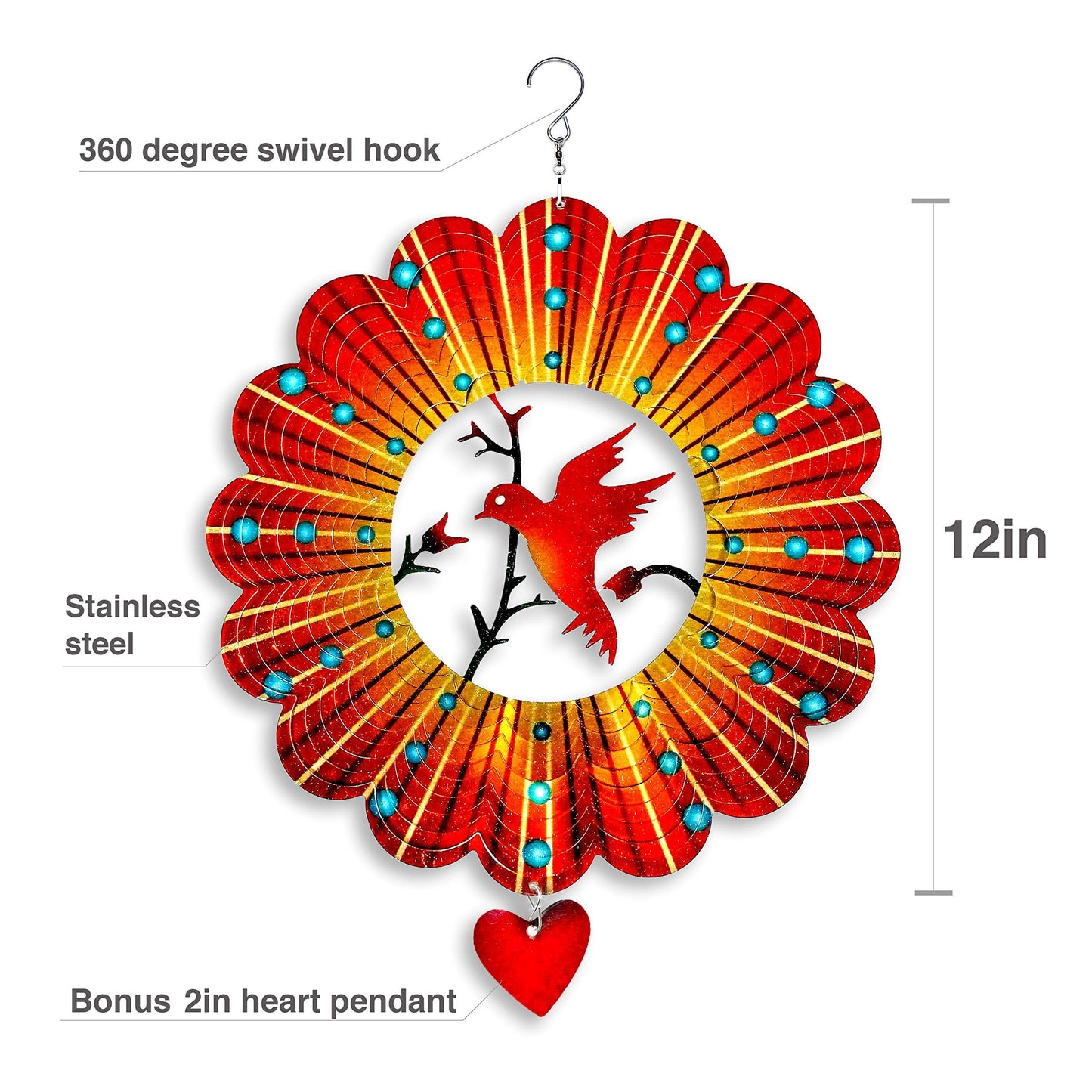 SteadyDoggie Wind Spinner - 12-Inch 3D Stainless Steel Lovebird Design with Heart Pendant - Laser Cut Metal Art Geometric Pattern - Hanging Kinetic Yard Garden Decor