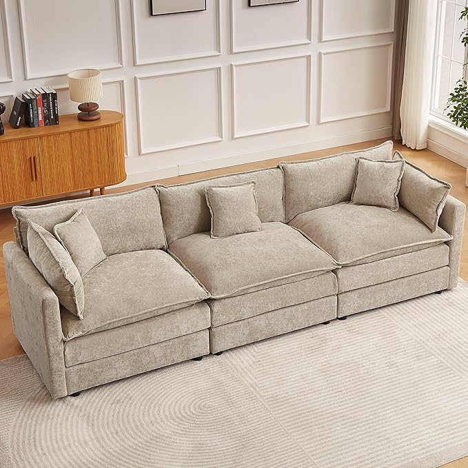 saows Modular Sectional Sofa, 112.2 Inch Rectangle Shaped Couch Set with Armrests, 3-Seater Comfy Cloud Couches for Living Room Apartment, Coffee