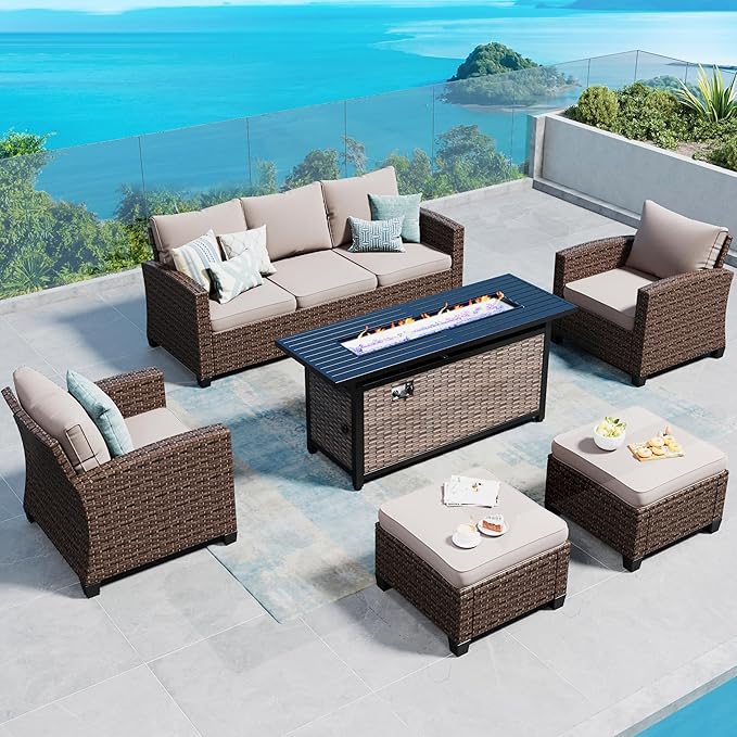 SUNSHINE VALLEY Patio Furniture Set Outdoor Furniture Brown Wicker Rattan Patio Conversation Sets with Cushion Outside Sofa Set,6 Pieces with Rectangular Firepit Table,7 Seats,Beige