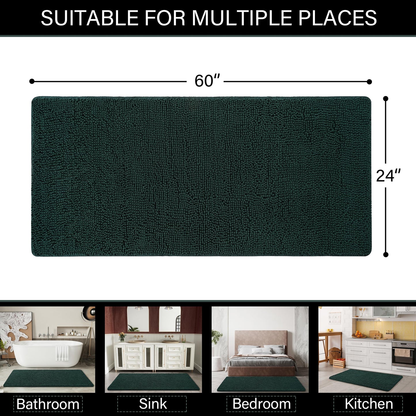 LOCHAS Luxury Bathroom Rug Shaggy Bath Mat 24 x 60 Inch, Washable Non Slip Bath Rugs for Bathroom Shower, Soft Plush Chenille Absorbent Carpets Mats, Hunter Green