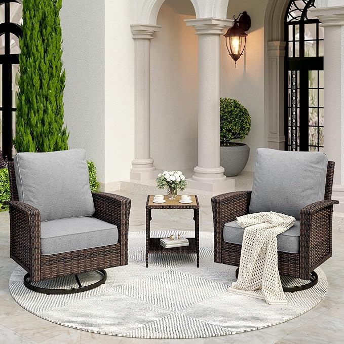 SUNSHINE VALLEY Patio Wicker Swivel Chairs Set of 2, Outdoor High Back Chairs with 5.5" Waterproof Cushions and Side Table, Outdoor Furniture Set for Deck Porch and Yard, Peacock Blue
