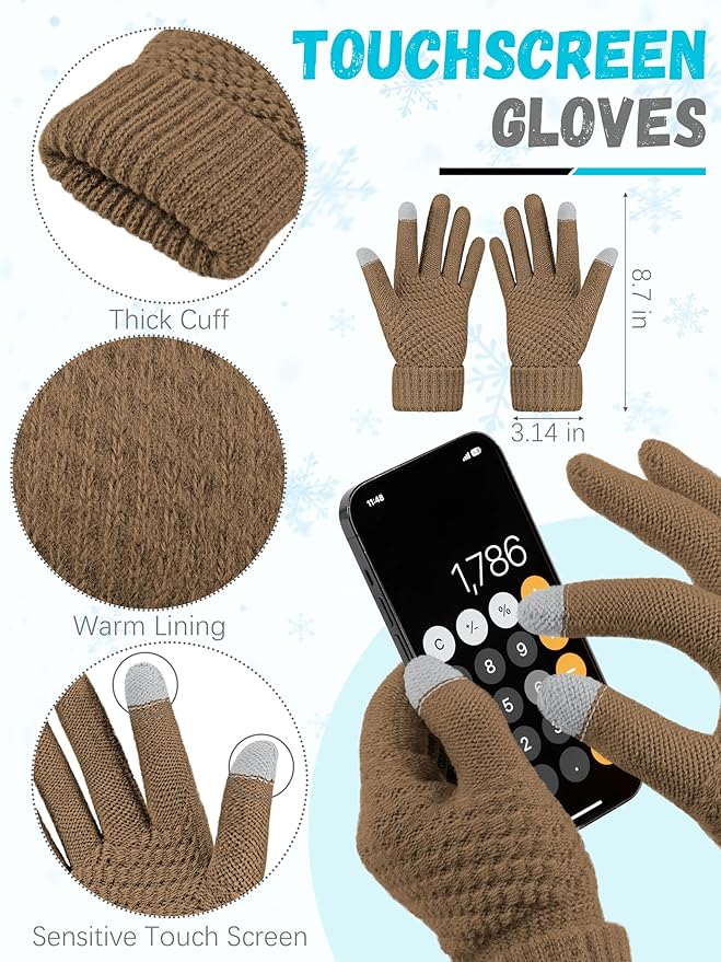 Winter Hat Scarf Gloves and Ear Warmer, Warm Knit Beanie Hat Touch Screen Gloves Set Winter Gifts Neck Scarves for Women