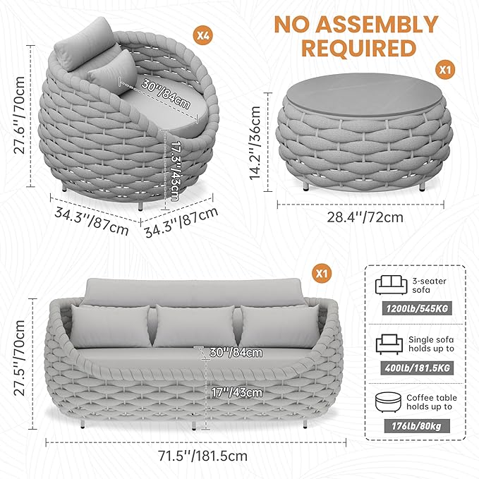 Erotr Aluminum Rope Patio Furniture Set: 6 Pieces Assembled Outdoor Conversation Sofa Set for 7 - Modern Metal Couch Set Cushioned - All Weather Porch Seating for Deck Garden Pool Lanai Hotel, Gray