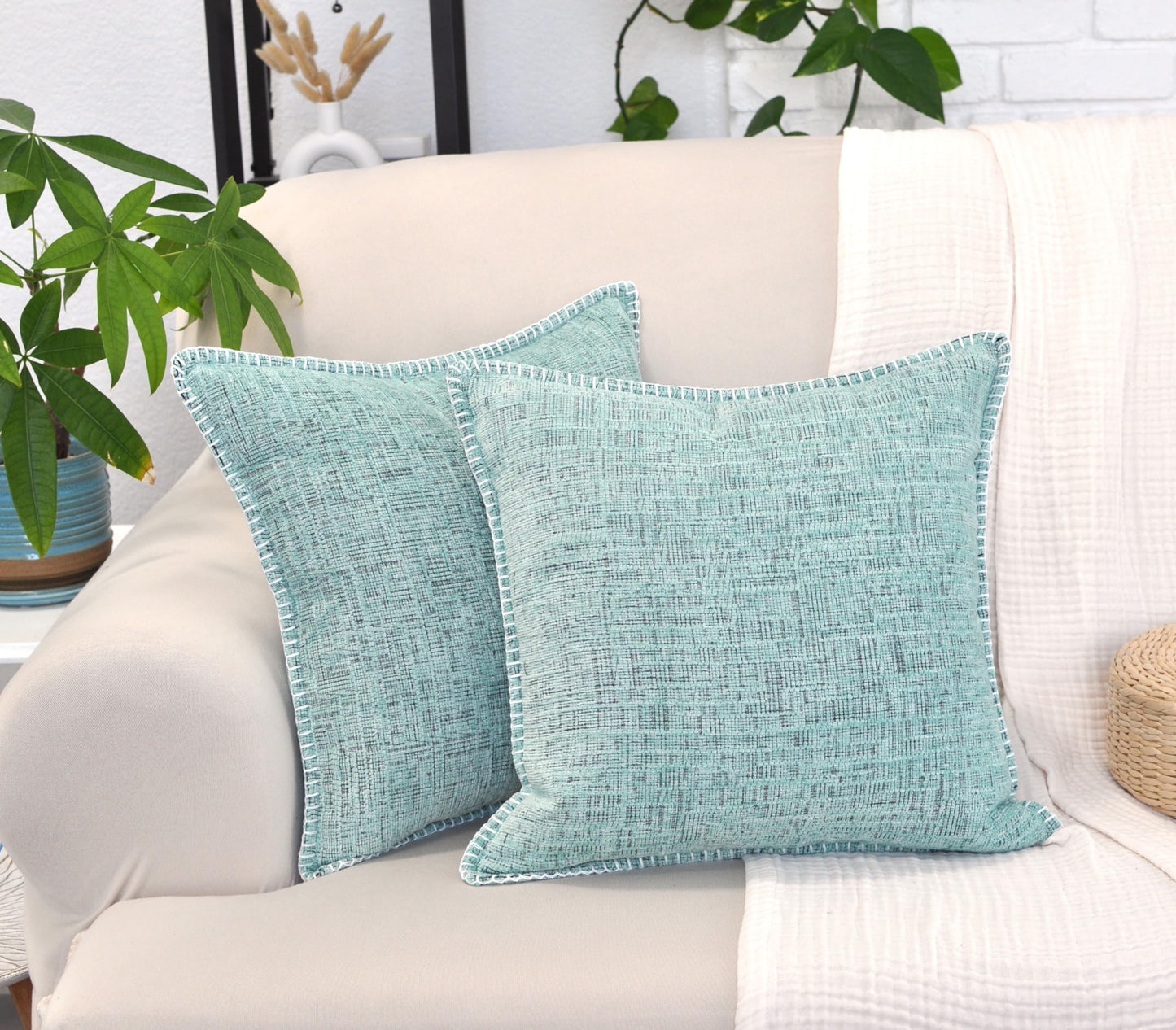 18x18 Pillow Covers for Couch Pillows Mint Green Set of 2, Decorative Soft Textured Cozy Chenille Cushions Covers, Modern Deco Covers for Sofa Pillows, Decor Pillow Covers Square Pillowcase