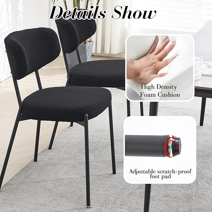 KCC Boucle Dining Chairs Set of 4, Modern Mid-Century Upholstered Stylish Kitchen Chairs Sherpa Accent Diner Chairs with Metal Legs and Curved Back for Kitchen, Dining Room(Black)