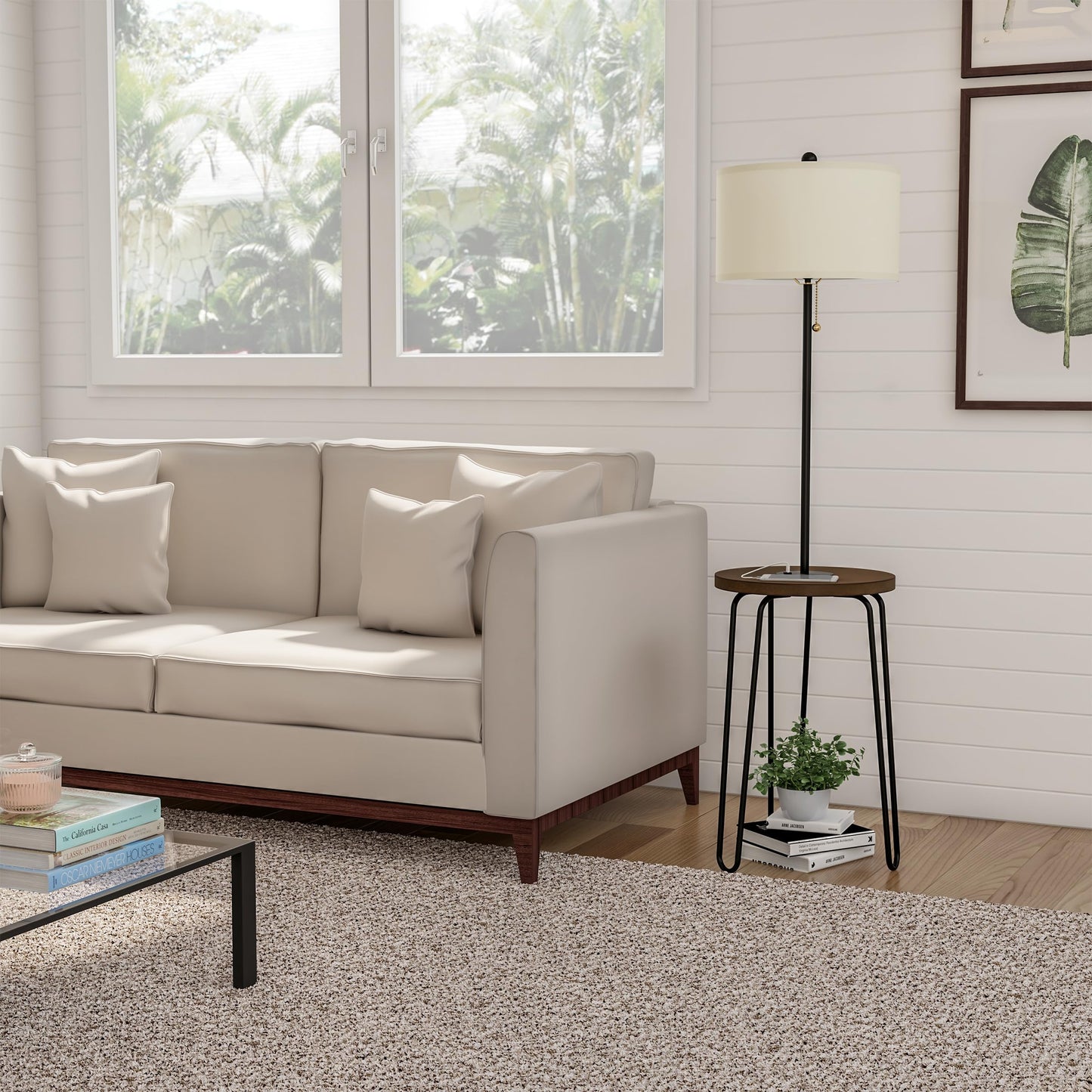 Lavish Home Floor Lamp with Table - Mid-Century Modern Nightstand or Side Table with USB Port and Hairpin Legs - Standing Light with Shelves