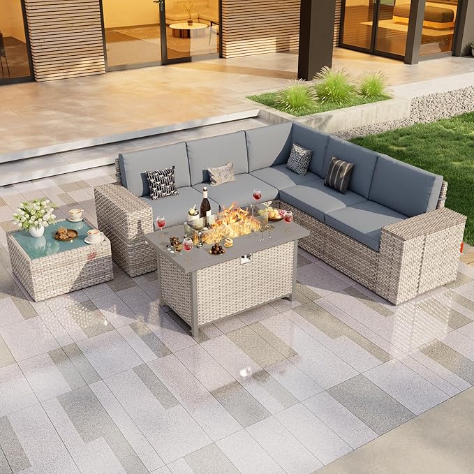 PCSXDSW 7-Piece Outdoor Patio Furniture Set, Rattan Wicker Conversation Set with Wide Armrests, Outdoor Modular Sectional Couch Seating Group Sofa with Fire Pit for Deck Garden Porch (Gray Cushions)