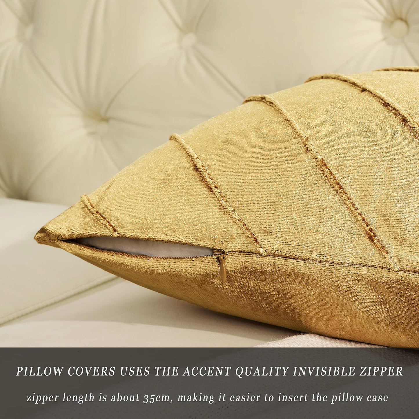 GIGIZAZA Decorative Velvet Pillow Covers 18x18, Set of 2 Gold Sofa Couch Throw Pillows Covers Cases, Living Room Square Cushion Accent Stripe Covers