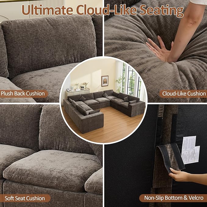 155''Cloud Boneless Sectional Couch, Modular Sectional Sofa Deep Seat, Oversized Upholstered Convertible Comfy 8 Seater Chenille Memory Foam Sofa U Shape Couches for Living Room, Brown
