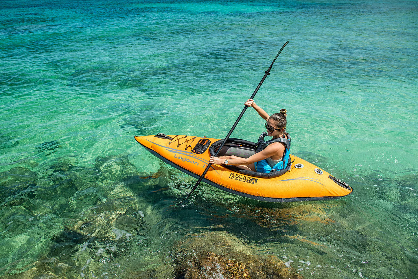 Advanced Elements Lagoon 1 Person Inflatable Kayak & Double Action Pump with Pressure Guage, Yellow, One Size