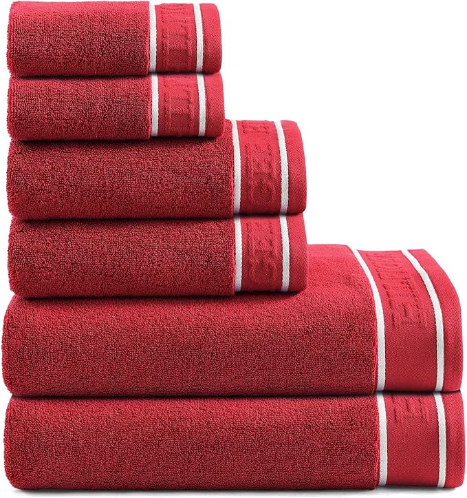 Tommy Hilfiger - Bath Towels, 100% Soft & Absorbent Plush Cotton with Zero Twist Constructions, Quick Dry and Medium Weight Bathroom Towels (Legacy Red, 6 Piece)