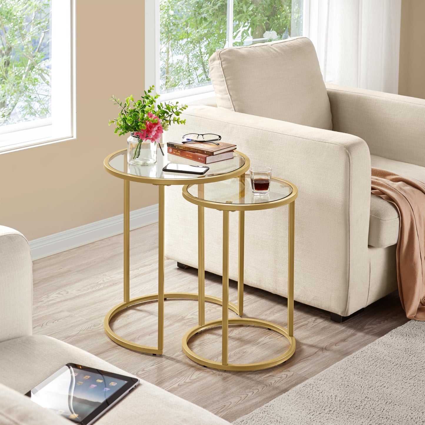 Yaheetech Round Nesting Coffee Tables Set of 2, Glass Top Side Table End Tables with Metal Frame for Living Room Bedroom Office, Gold