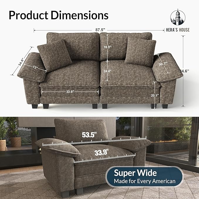 HERA'S HOUSE 88" Modular Sectional Sofa, Loveseat Couches for Living Room, Comfy Cloud Couch 2-Seater Deep Seat Sofa with Throw Pillow, Chenille Ash