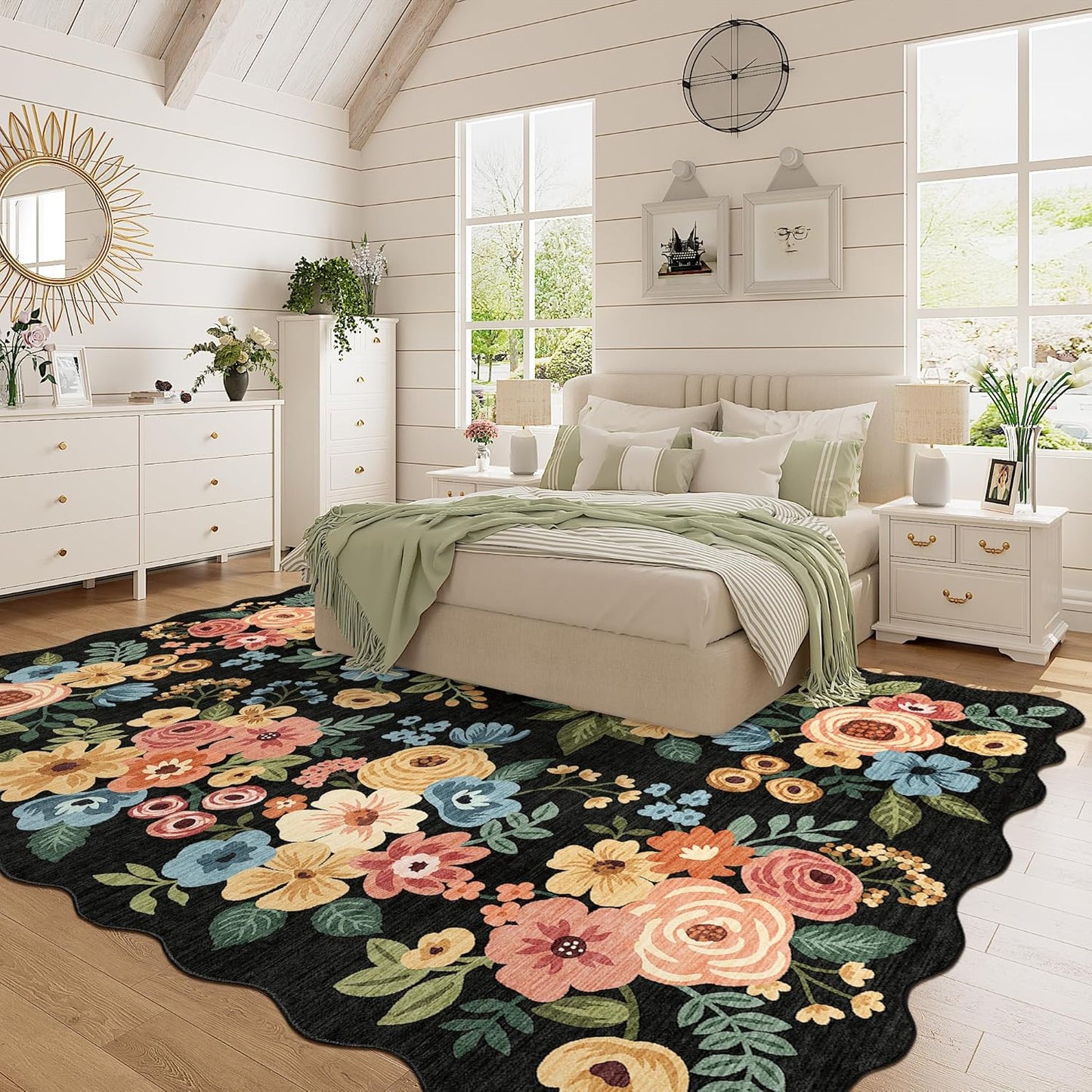 DUKINO 6x9 Area Rug, Floral Washable Rugs for Living Room with Non Slip Backing & Non-Shedding, Lightwight Low Pile Boho Design Large Carpets for Bedroom, Living Room, Dining Room, Black