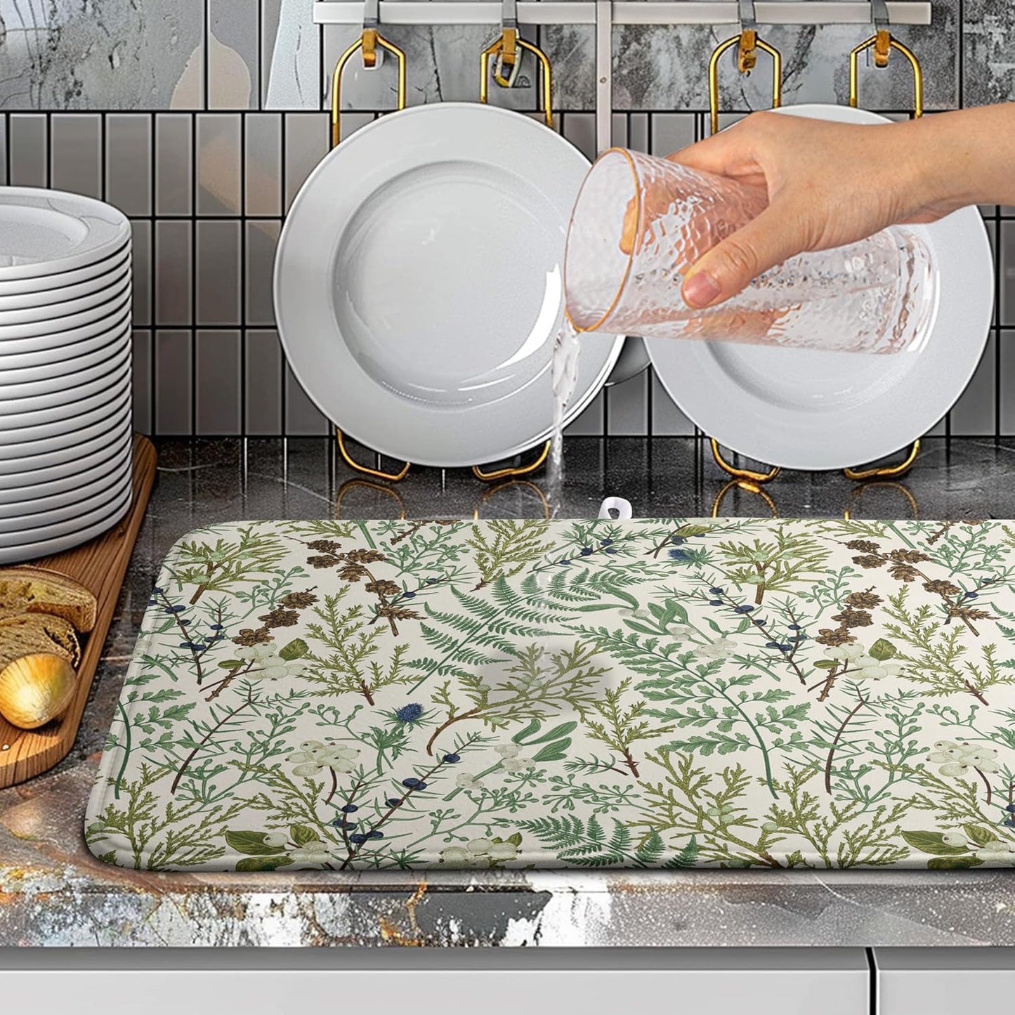 Sage Green Botanical Floral Dish Drying Mat for Kitchen Counter Vintage Herbs Fern Leaves Plant Drying Mats Absorbent Microfiber Dishes Drainer Mats Washable Dish Draining Pad Extra Large 18"x24"