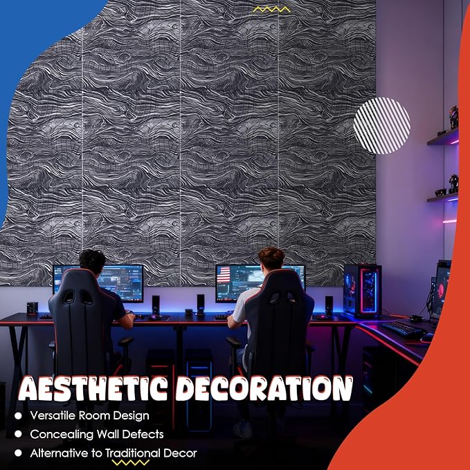 EVENRISING Acoustic Wall Panels 6 Pack, 24"x24"Decorative Art Soundproof Panels, Sound Absorbing Self-Adhesive Panel, Acoustic Treatment for Studio, Home Theater, Office (Ocean AuraStone)