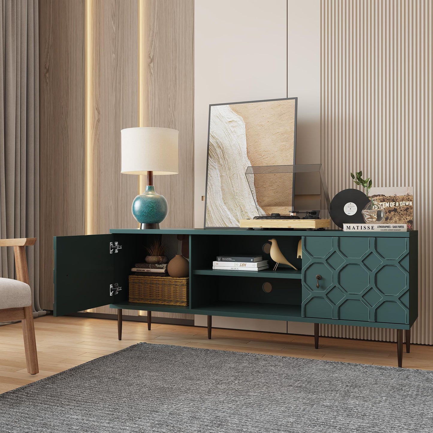MROJISC Modern TV Stand for 65/70inch TV, Entertainment Center with Storage Cabinet and Open Shelves, Embossed Pattern TV Stand, TV and Media Console for Living Room, Bedroom, Green