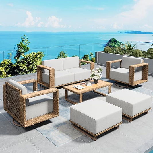 7 Pieces Modular Patio Furniture Set,Outdoor Wicker Conversation Set with Swivel Chairs and Ottomans,All Weather Patio Conversation Set for Lawn Garden Backyard,Beige