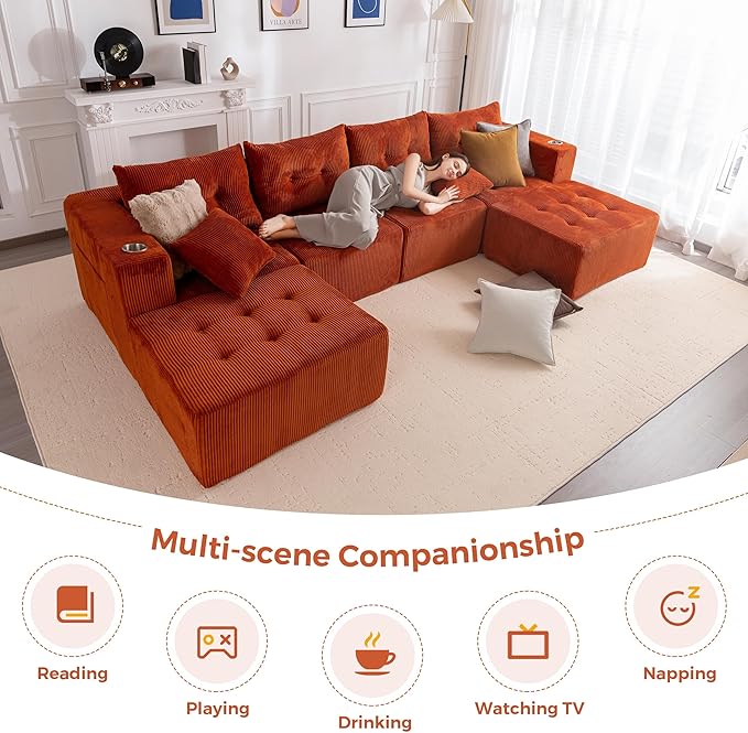 MAXYOYO 129.5" Modular Sectional Sofa Couch, U Shaped Modern Cloud Couch with 2 Ottomans, Sofa in A Box, Tufted 6-Seat Boneless Sleeper Chair for Living Room, No Assembly Required, Orange