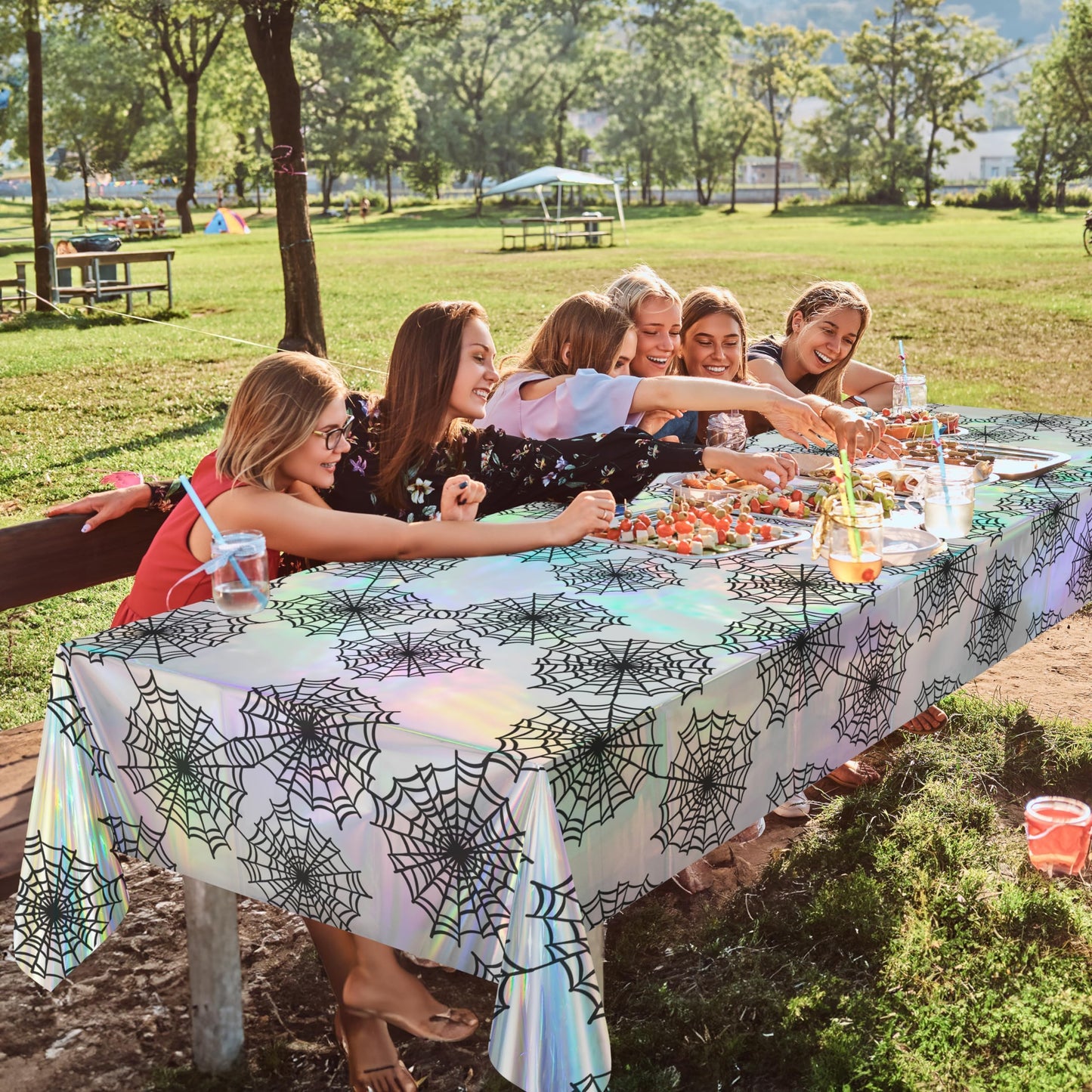 Cheerland Spiderweb Tablecloth Iridescent Holographic Foil Table Cover Halloween Party Decorations Disposable Plastic Cloth for Spooky Birthday Bachelorette Bridal Shower Halloween Party Supplies 2pcs