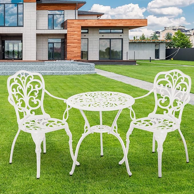 Withniture 3 Piece Outdoor Bistro Table Set, Cast Aluminum Patio Bistro Sets with Umbrella Hole, All Weather Bistro Table and Chairs Set of 2 for Garden Porch (Butterfly Arm, White)