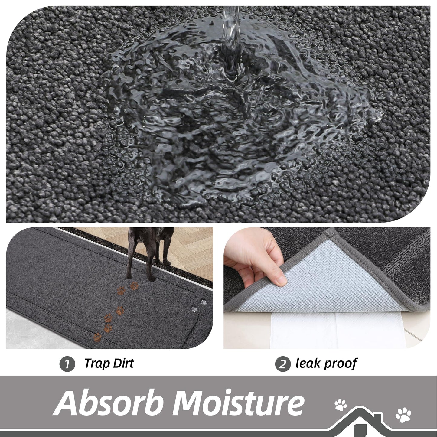 BEQHAUSE Dog Door Mat for Muddy Paws 36"x60" Dirt Trapper Absorbent Doormat Non Slip Entryway Rugs Washable Stain Resistant Welcome Floor Mat Soft Low-Profile for Front Back Door, Dark Grey