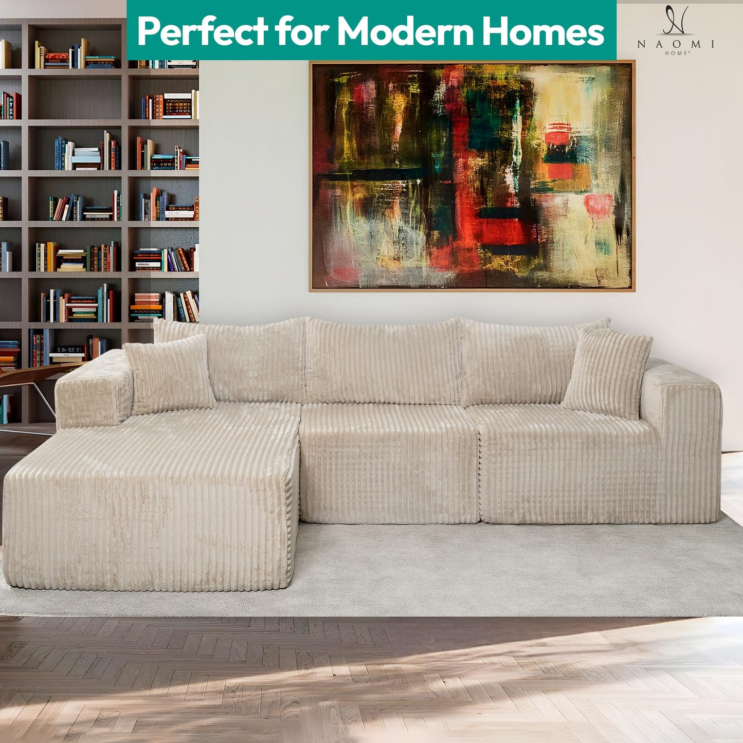 Naomi Home Pamela 110" Boneless Cloud Couch L Shaped Modular Sectional Sofa with Chaise, Deep Seat Comfy Corduroy Couch for Living Room, Sag-Free Foam, Pet Friendly, No Assembly Beige