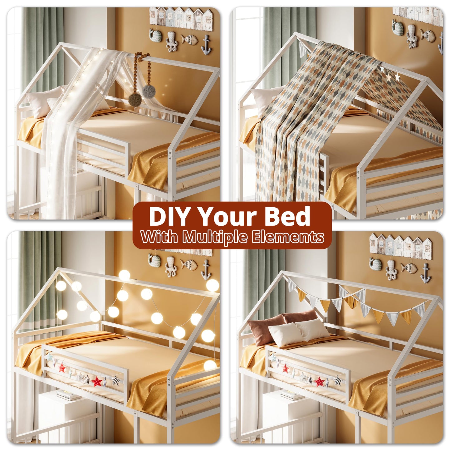 LIKIMIO Bunk Bed Twin Over Twin, House Bunk Bed Frame with Ladder and Guardrail, House Shaped with Metal Slats for Dormitory and Bedroom, Space Saving, No Box Spring Needed, White