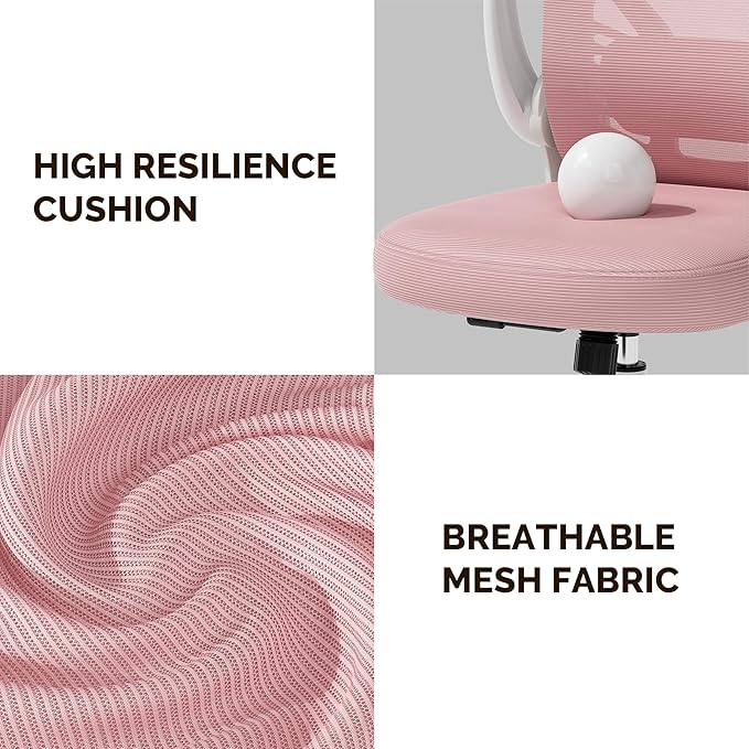 Ollega Computer Desk Chair with Wheels, Mesh Office Chair with Flip Up Arms, Adjustable Lumbar Support, Swivel Desk Chair Comfy, Pink